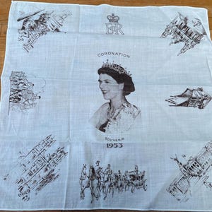 Vintage 1953 portrait handkerchief celebrating the coronation of Queen Elizabeth II