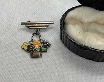 Lovely 1930s Art Deco silver articulated basket of flowers brooch in original carved wooden box