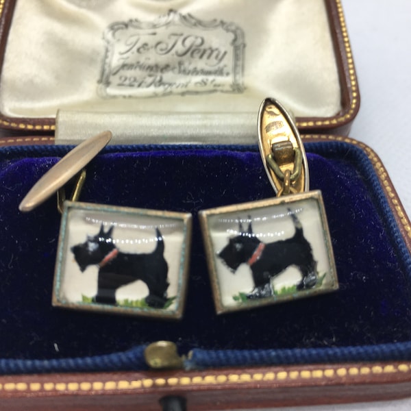 Lovely 1950s vintage Scottie dog Scottish Terrier Essex Crystal reverse carved intaglio glass cufflinks