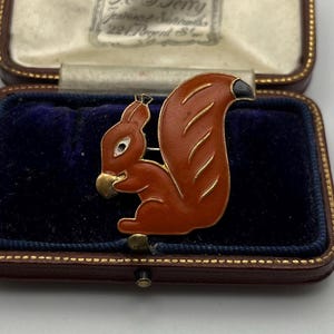 May include: A vintage squirrel brooch with a red enamel body and a gold-tone metal outline. The squirrel is posed in a side profile, with a bushy tail and a small acorn in its paws. The brooch is set in a blue velvet-lined box.