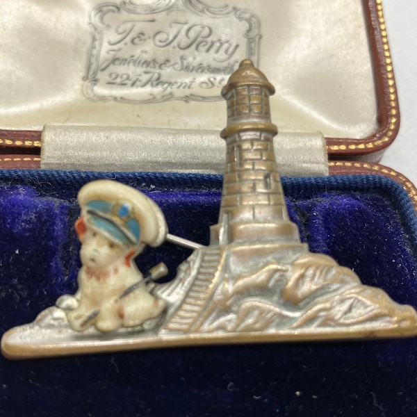 Gorgeous 1920s Art Deco TLM Thomas Mott signed lighthouse and terrier dog in cap brooch - very unusual