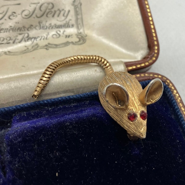 Vintage 1950s mouse brooch with red paste eyes and articulated tail - very unusual