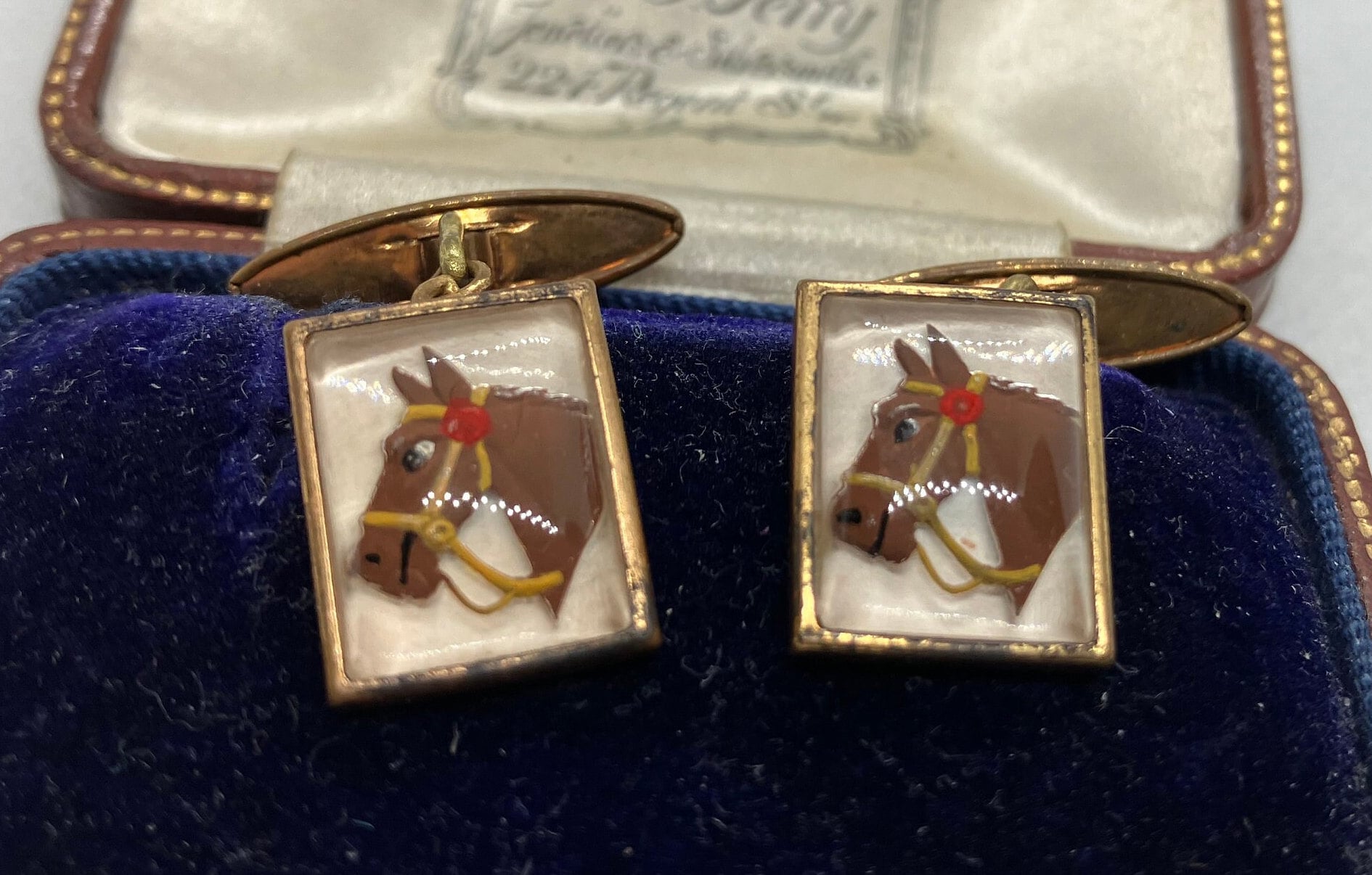 Boutons De Manchette Anciens Cheval équestre – Or 14 Carats, Décor Cristal D'Essex