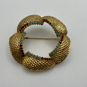 Vintage 1960s cocktail brooch with turquoise and red stones