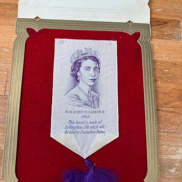 Vintage 1953 Queen Elizabeth II coronation bookmark with Lullingstone silk used in coronation robes - in presentation card