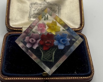 Vintage 1930s Art Deco reverse carved lucite brooch with vase of flowers
