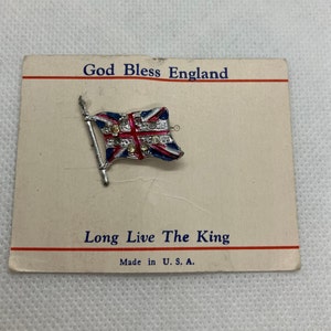 Broche Union Jack souvenir du couronnement du roi George VI, vintage 1937 sur carte originale - Que Dieu bénisse l'Angleterre, vive le roi