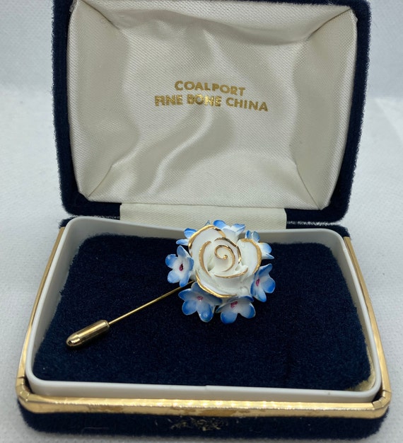 Broche Vintage Britannique Coalport 'Forget Me Not' En Porcelaine Fine OS - Motif Fleurs Pensées, Monture Dorée