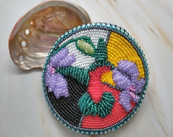 Large barrette - Raised beadwork hummingbird atop the four directions and trimmed in rhinestones