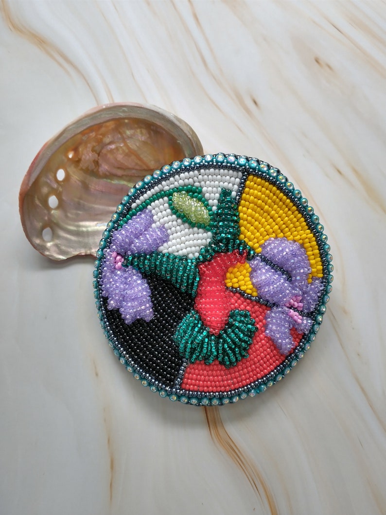 Large barrette Raised beadwork hummingbird atop the four directions and trimmed in rhinestones image 1