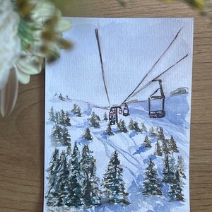 Cadeau du Nouvel An Carte de Noël Peinture à l’aquarelle Carte postale Noël Art original Paysage d’hiver Arbre de Noël Centre de ski Snowboard