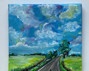 Acrylic Painting Road Home Ukraine Field 100% Original Art Ukrainian Landscape Painting Miniature 3.9x3.9 inch on Canvas