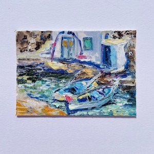 Impressionismo Pittura a olio Immagine su tela Mare Isola greca Barche Colori ad olio Impasto Piccola immagine Cartolina originale della pittura a olio
