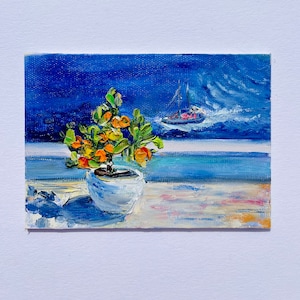 Dipinto ad olio Arance Grecia isola Italia Santorini foto regalo cartolina colori ad olio piccola foto mare foto case bianche