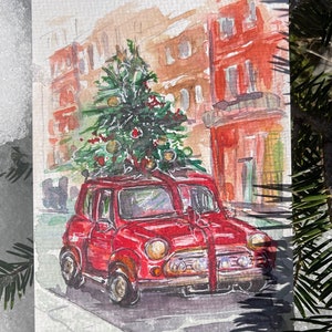 Christmas card Watercolor painting Postcard Christmas gift New Year Original art Winter landscape Christmas tree Red car handmade