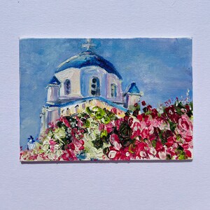 Dipinto ad olio, cartolina, miniquadro di santorini, miniatura pittorica tridimensionale ad impasto, fiori rosa