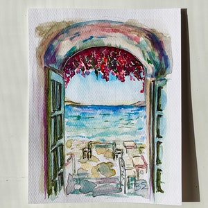 Paesaggio ad acquerello Stile mediterraneo Grecia Italia schizzo ad acquerello Dipinto da regalo Miniatura Dipinto originale Dipinto dell'autore