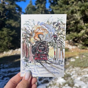 Cartolina Set di cartoline d'auguri ad acquerello Treno retrò Foresta invernale Immagine di neve fatta a mano Regalo di Capodanno Cartolina di Natale Illustrazione del treno Arte