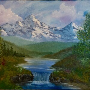 Giclee Print of Bob Ross Inspired Mountain Waterfall 