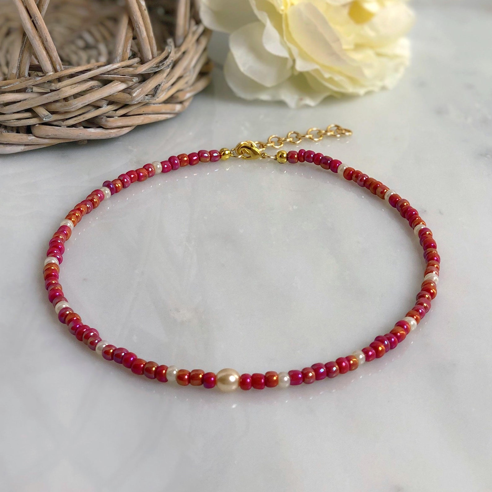 Red beaded choker necklace Red boho style choker necklace Etsy