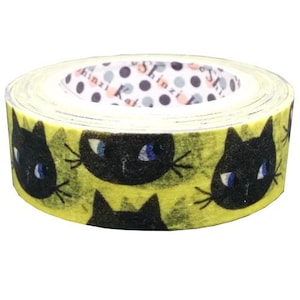 Shinzi Katoh Washi Tape | Cat Face Washi Tape | Kawaii Black Cat Washi Tape | Journaling Washi Tape 15 mm x 10 m