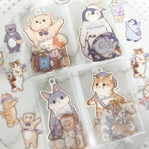 20 pcs Kawaii Bear Cat Penguin Rabbit Sticker Flakes Set | Cute Animals PET Plastic Stickers