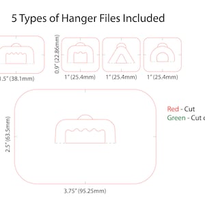 Puede incluir: Diagrama que muestra cinco tipos diferentes de archivos de suspensión, con medidas en pulgadas y milímetros. Los archivos están delineados en rojo y tienen una línea de corte o puntuación verde. El texto "Rojo - Corte" y "Verde - Corte o puntuación" se muestra en la esquina inferior derecha.