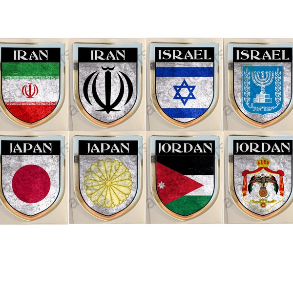 Sticker Iran Israël Japan Jordanië Schild Wapens 3D Relief Vlag Stickers