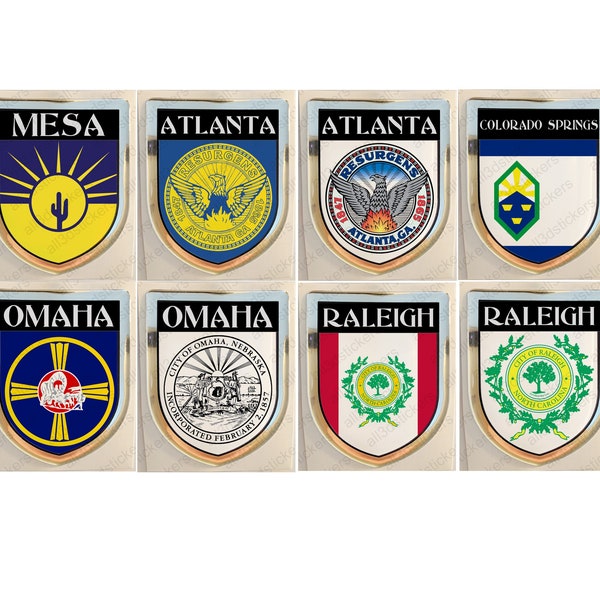 Sticker Mesa Atlanta Colorado Springs Omaha Raleigh United States USA Coat of Arms Resin Domed Stickers Flag 3D