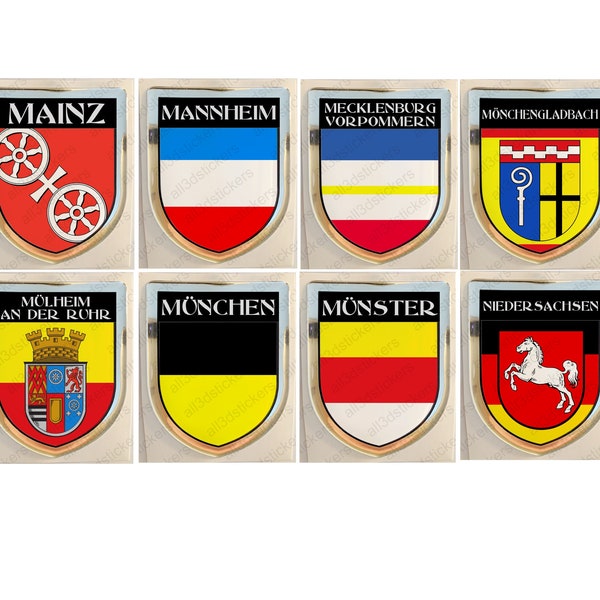 Aufkleber Mainz Mannheim Mecklenburg-Vorpommern Mönchengladbach Mülheim München Münster Niedersachsen Deutschland Wappen Flagge Fahne 3D