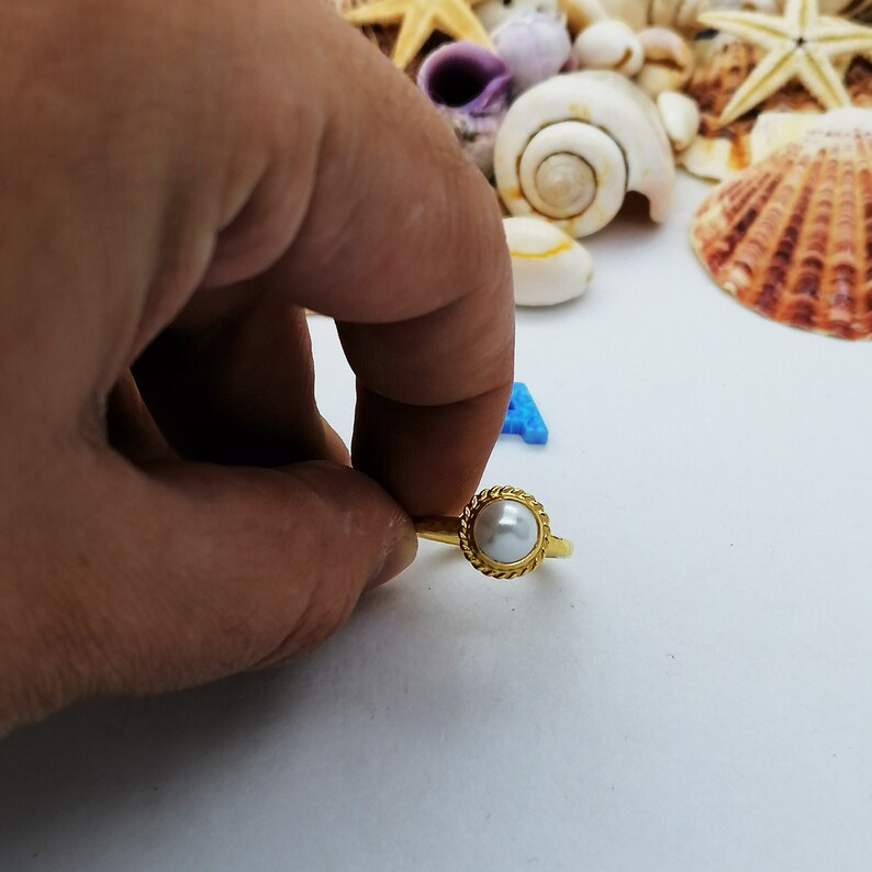 Handmade 925k Sterling Silver Cabochon Pearl Stack Ring 24k Gold Plated Gift for Her Ancient Roman Art By AvaFineJewels
