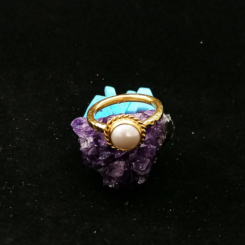 Handmade 925k Sterling Silver Cabochon Pearl Stack Ring 24k Gold Plated Gift for Her Ancient Roman Art By AvaFineJewels
