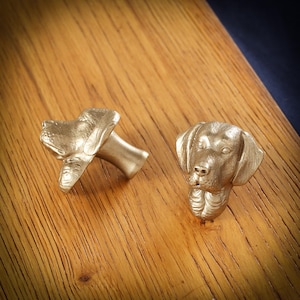 May include: Two gold-coloured dog head cabinet knobs. One knob is upright, and the other is on its side. The knobs are made of metal and are set against a wooden surface.