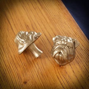 May include: Two brass bulldog-shaped cabinet knobs. One knob is upright, and the other is on its side. The knobs are detailed with the bulldog's facial features. The knobs are on a wooden surface.