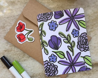 Tarjeta morada hecha a mano con tarjeta de regalo/bolsillo para dinero y pegatina / Diseño gráfico de flores / Sin IA
