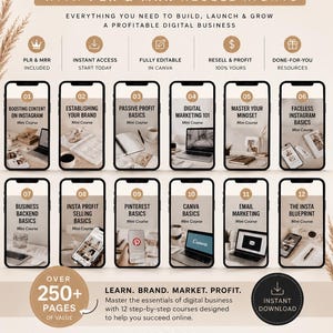May include: A digital business course bundle graphic titled 12 Course Bundle with PLR & MRR Resell Rights. It features twelve smartphone icons displaying mini-course titles, icons for features, and text detailing over 250 pages of value and instant download.
