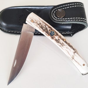 Deer Horn Handle 4116 Steel Handmade Folding Knife Gift for Him Personalized Knife Engraved Knife Christmas Gifts Groomsmen Knives image 1