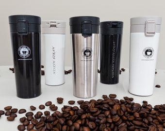 Personalized Steel Mug Thermos - 12 Hour Hot/Cold Protection - Laser Printing - Black/White/Metallic