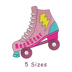 May include: Pink roller skate with a yellow lightning bolt and the word "Rockstar" on the side. The skate has four wheels.