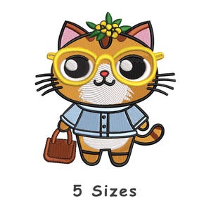 Floral Cat Embroidery Designs 5 Sizes, Floral Cat Embroidery Design, Floral Teacher Cat Machine Embroidery File, Cat With Glasses Embroidery