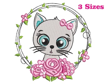 Baby Cat Embroidery Design, Flowers, 3 Sizes (Digital Download)