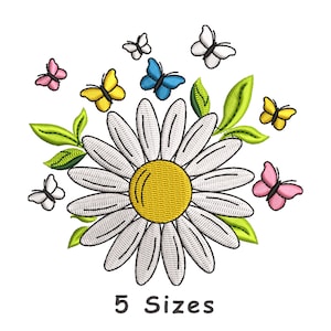 Mini Daisy Flower with Butterflies Embroidery Design 5 Sizes, Flower Embroidery Pattern File,Daisy Flower Embroidery Design Instant Download