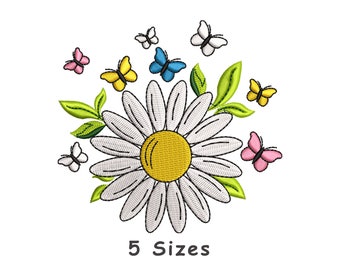 Mini Daisy Flower with Butterflies Embroidery Design 5 Sizes, Flower Embroidery Pattern File,Daisy Flower Embroidery Design Instant Download