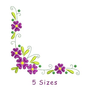Peut inclure: Motif de broderie d'angle floral violet et jaune avec des feuilles et des tiges vertes. 5 tailles.