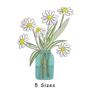 Diseño de bordado de margaritas en frasco tamaño 5, bordado de ramo de flores, bordado de margaritas, bordado floral a máquina, descarga instantánea
