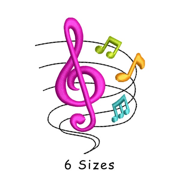 Wavy Music Notes Machine Embroidery Design 6 Sizes , Pes, Jef , Dst, instant download