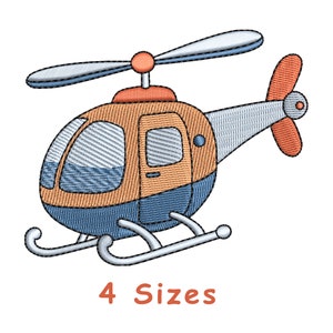 Op de afbeelding: Een cartoonillustratie van een blauwe en oranje helikopter met een witte propeller. De helikopter heeft een groot raam en een kleine deur. De afbeelding bevat de tekst "4 maten".