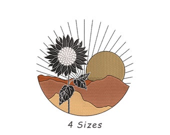 Boho Sunflower Sunset Embroidery Design, Mountain Landscape (Instant Download)