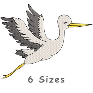 May include: A white stork with grey wings is flying with its beak open. The stork has a yellow beak and legs. The image includes the text "6 Sizes".