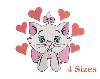 Cute Baby Cat With Hearts Machine Embroidery Design File 4 Sizes, Animal Embroidery, Kitty Embroidery, Baby Embroidery Design File Pes Dst